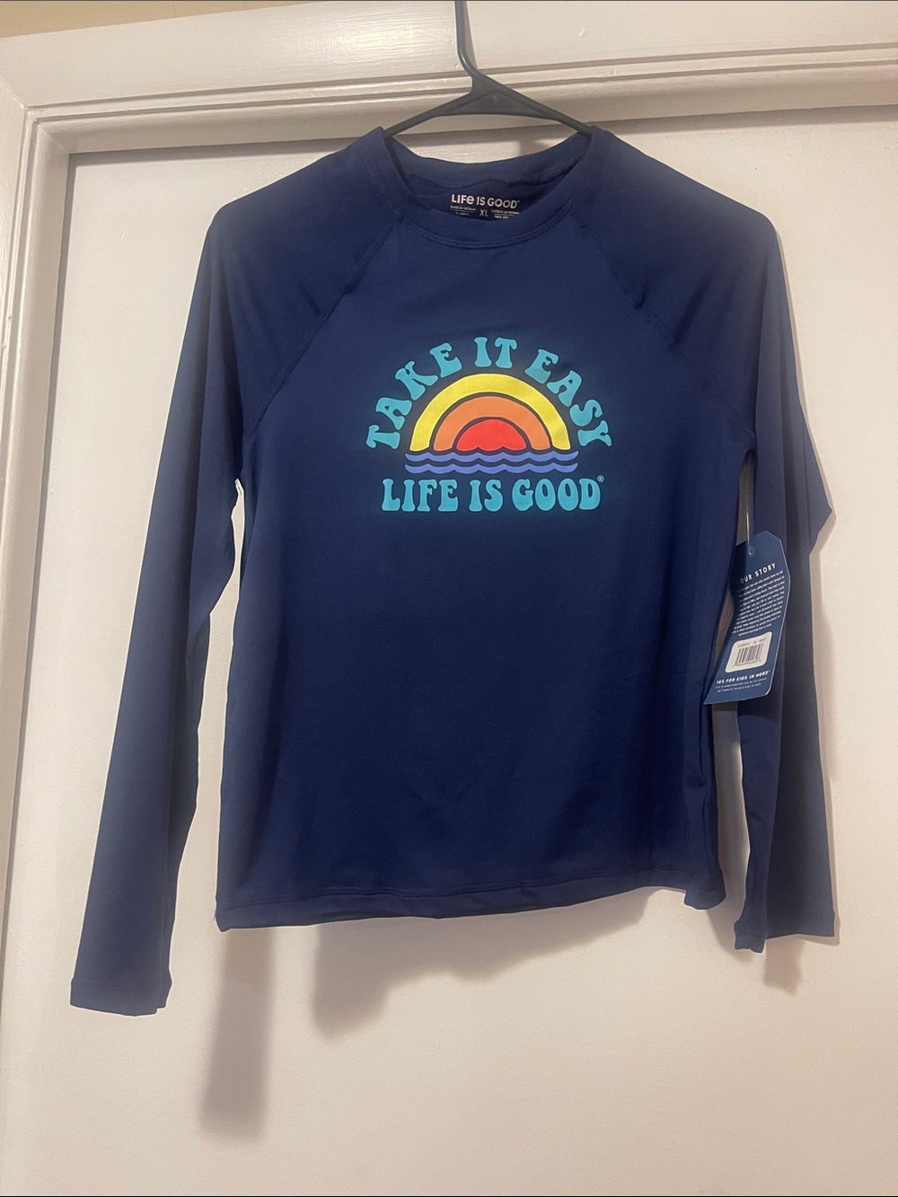 Life Is Good Navy Long-Sleeve 'Take It Easy' with Rainbow Graphic NWT YOUTH XL